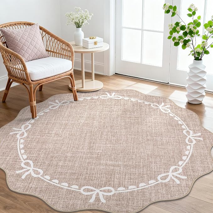 GarveeHome 6ft Round Rugs Washable Scalloped Bow Rug for Bedroom, Camel | Non Slip Soft Low Pile Ultra-Thin Stain Resistant Indoor Carpet for Living Room Nursery Girls Dorm Decor Kids Room Playroom