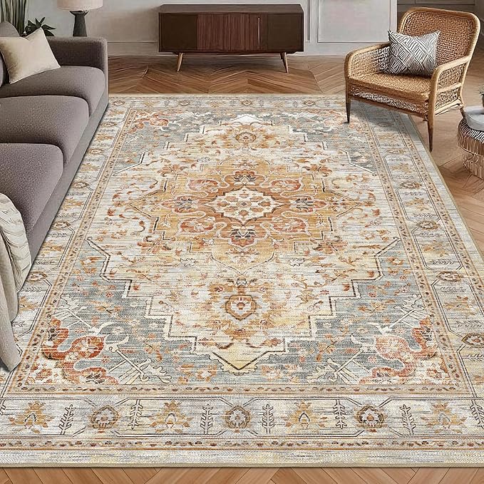 Washable Area Rug 3' x 5 ' Vintage Traditional Persian Mat - Foldable Distressed Non-Slip Machine Washable Carpet for Living Room Bedroom Kitchen Home Decor - Dove Gray and Coral