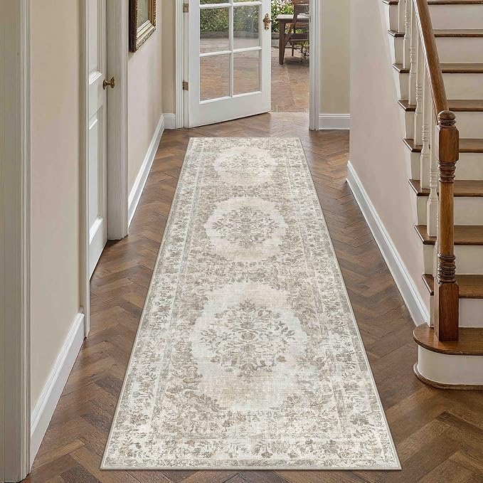 2.6x8 Washable Runner Rug Hallway Cream Beige Vintage Carpet | Soft Low Pile, Non Slip, Stain Resistant, Floral Medallion, Neutral Retro Decor for Kitchen, Entryway, Bathroom, Laundry Room