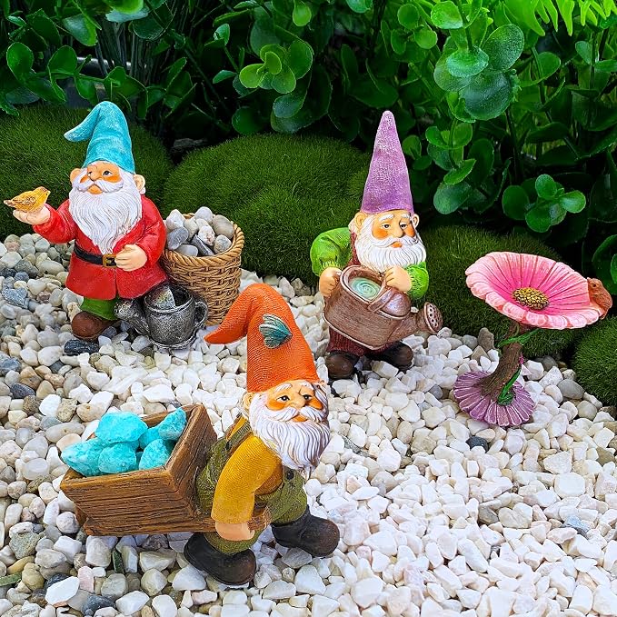 Mood Lab Garden Gnome Figurines Set (4 pcs) - 3.5" H Miniature Decorative Statues & Accessories - Outdoor & Indoor Garden Decor