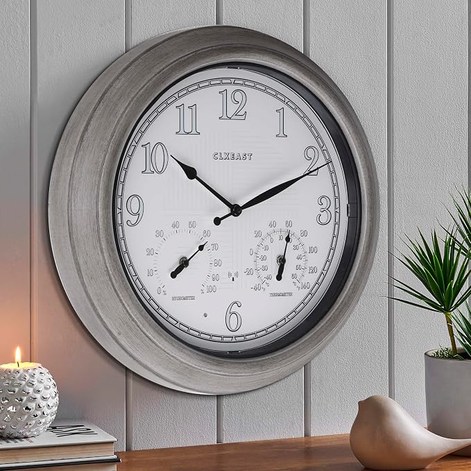 CLXEAST 18 Inch Farmhouse Illuminated Outdoor Atomic Wall Clock with Thermometer & Hygrometer Combo, Night Lighted Wall Clock with Smart Sensor,Brushed Grey Oak Finish