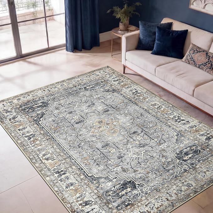 Keen Home Design Vintage Washable Area Rug, Non-Slip Low Pile, 5x7 | Machine Washable Cotton Chenille, 0.25In Low Pile, Rubber Non-Slip Back; Living Room, Bedroom, Dining Room, Office