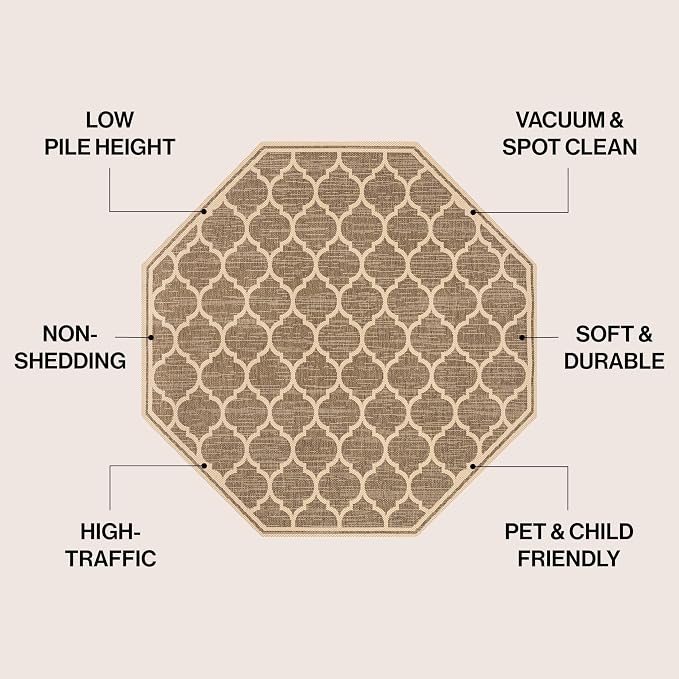 JONATHAN Y Moroccan Trellis Indoor Outdoor Octagon Area Rug 5 Ft Brown/Beige, Trebol Textured Weave for Backyard, Patio, Porch, Easy-Cleaning, High Traffic, Pet-Friendly, Non-Shedding (SMB109A-5TGN)