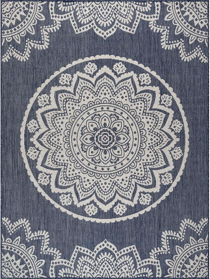 CAMILSON Outdoor Rug 6x9 Modern Area Rugs for Indoor and Outdoor Patios and Porches - Waterproof, Washable, Non-Shedding, Easy-to-Clean Outside Carpet (6 x 9, Medallion - Blue/White)