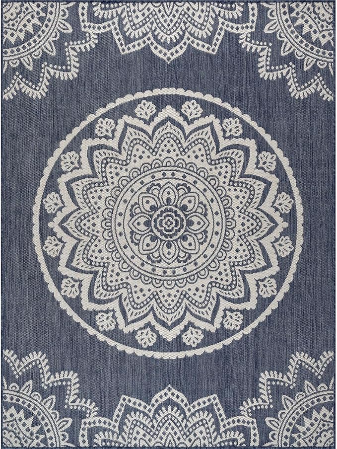 CAMILSON Outdoor Rug 10x14 Modern Area Rugs for Large Indoor and Outdoor Patios and Porches - Waterproof Washable Non-Shedding Easy-to-Clean Outside Carpet (10 x 14, Medallion - Blue/White)