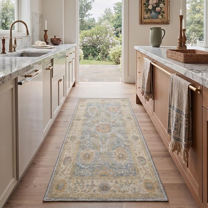 2x3 Doormat, Vintage Floral Washable Non Slip Area Rug for Entrance | Vintage Floral Soft Low Pile Boho Small Rug for Entryway Bedside Kitchen, Stain Resistant Easy Care Indoor Rug, Dusty Blue