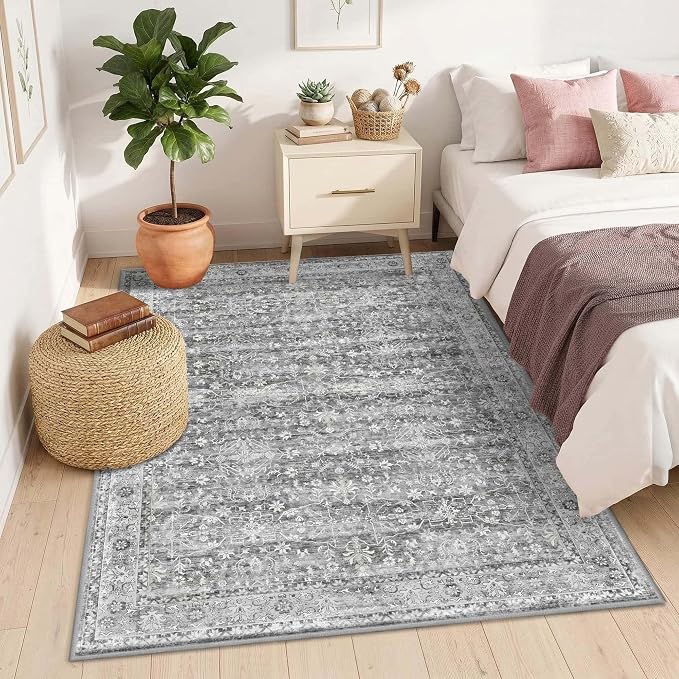 Latte&Fog 4x6 Area Rugs for Living Room, Vintage Washable Grey Rug | Non Slip Low Pile Soft Floral Cute Carpet for Dining Kitchen Kids Playroom Nursery Guest Room Classroom Dorm Farmhouse Office