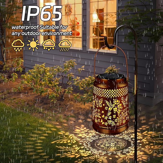 KY&BOSAM Hummingbird & Butterfly Solar Lanterns Outdoor Garden Decor | Retro Appearance,Old Gold Color Metal Hanging Solar Lights Gifts for Women Mom Grandma Outside for Yard,Patio,Backyard,Porch