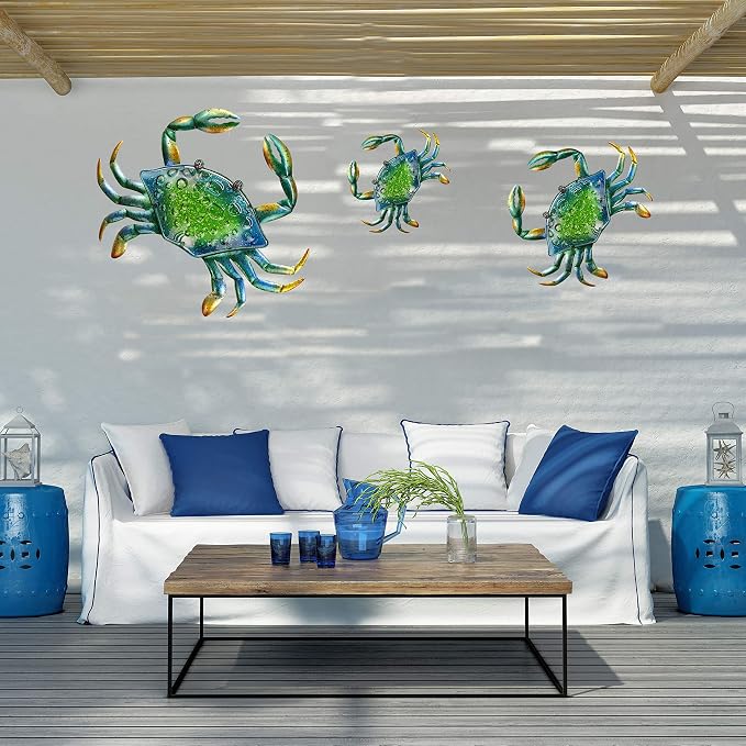 JOYBee 3Pcs 18inch 13inch 9inch Large Coastal Ocean Metal Crab Wall Art Decor Family Set -Christmas Decorations-Decoration for Outdoor Indoor Bathroom Kitchen Garden Bedroom Patio