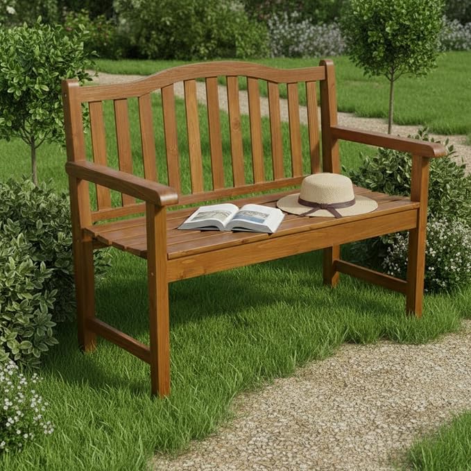 Shine Company Belfort Outdoor Solid Wood Patio Garden Bench, Ergonomic Seat, 22" D x 44.75" W x 36" H, Oak
