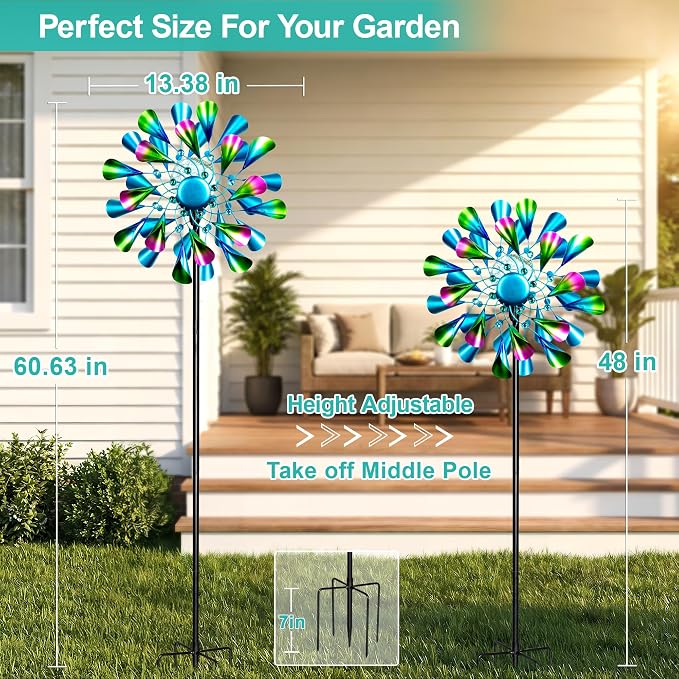 Solar Wind Spinner Outdoor Metal - Peacock Kinetic Garden Sculptures with Color-Changing LED Lights, Waterproof Wind Catchers Yard Art Decor for Patio Lawn, for Women (Green)