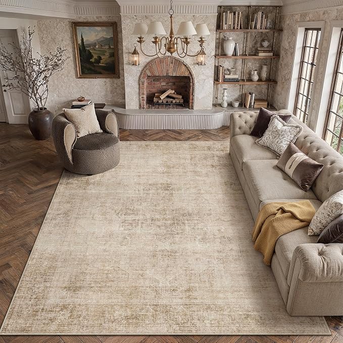 9x12 Beige Vintage Area Rug | Washable, Non Slip, Soft Low Pile, Neutral Farmhouse, Large, for Living Room Bedroom Dining Room Office Indoor Home Decor