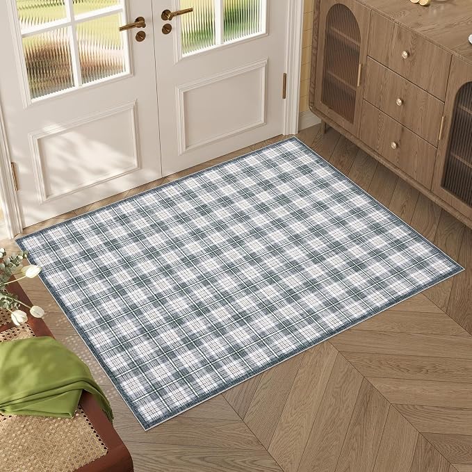 GarveeHome Checkered Rugs 2x3, Machine Washable Entryway Rug with Non Slip Backing, Stain Resistant Low-Pile Doormat for Indoor Outdoor Hallways Kitchen Bathroom Bedroom Grey