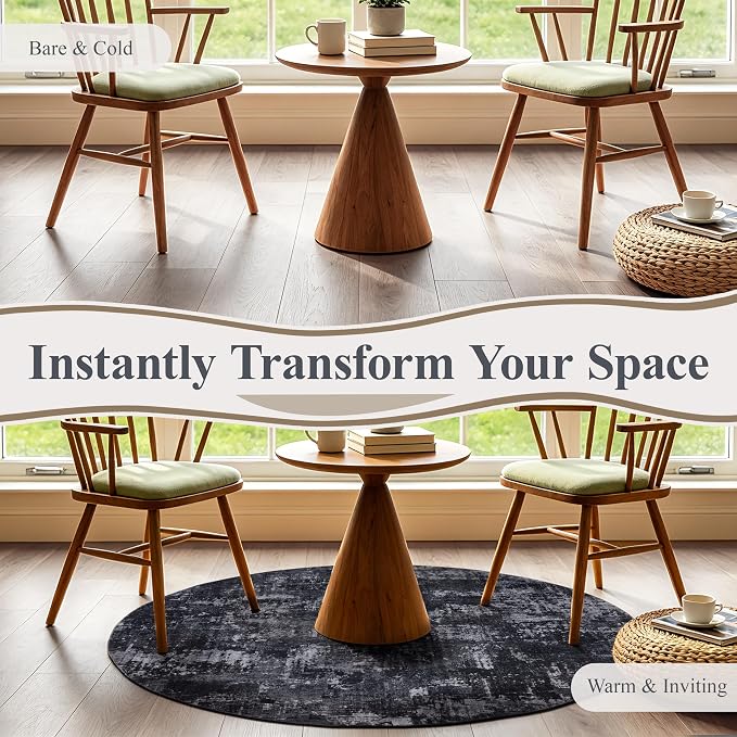 Sasttie 4ft Round Area Rug, Modern Abstract Circle Carpet, Black & Grey | Machine Washable, Ultra-Soft Faux Wool, Low Pile, Non-Slip, Lightweight, Thin, for Living Room, Bedroom, Dinning Room & Dorm