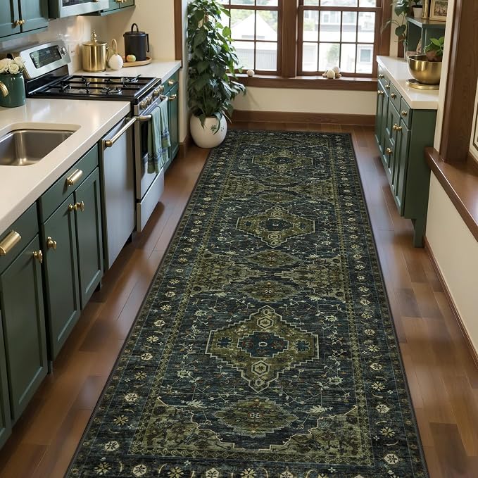 Tangsoo 3x10 Washable Hallway Runner Rug, Green Non Slip Long Runner Rug | Oriental Soft Low Pile 10ft Rug Runner, Vintage Boho Print Carpet Runners for Hallway Kitchen Bedroom Entryway Dark Green