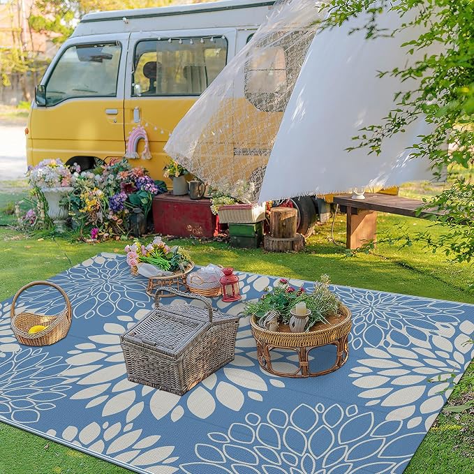 Ileading Waterproof Outdoor Rug 5x8, Reversible Plastic Straw Patio Rug, Portable Indoor Outdoor RV Camping Mat Carpet for Deck, Porch, Balcony, Backyard, Picnic, Floral Dusty Blue