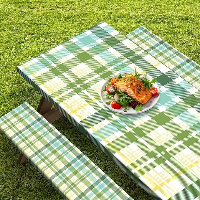 Picnic Table Cover with Bench Covers Elastic Edges, Green Camper Fitted Table Cover, Outdoor Patio Camping Essentials 72 Inch 3PCS, Waterproof Camping Fitted Tablecloth with Drawstring Bag