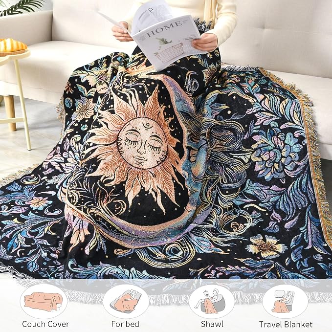 Boho Throw Blanket Reversible Cotton Bohemian Tapestry Hippie Room Decor Outdoor Blanket Double Sided (Boho Sun Black 50"x60")