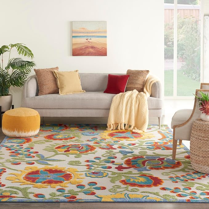 Nourison Home Aloha Ivory Multicolor 9' x 12' Area Rug - Easy Clean, Non Shedding, Bed Room, Living Room, Dining Room, Kitchen (9' x 12')