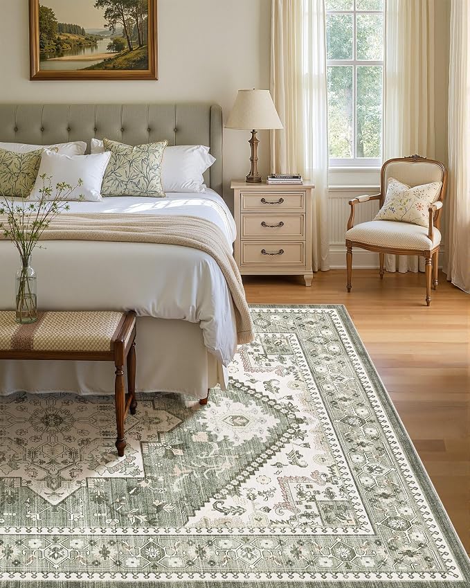 Washable Area Rug-10X14 Vintage Neutral Soft Green | Non Slip Thin Foldable Large Floor Carpet for Living Room Bedroom Kitchen Dining Room Home Office Farmhouse Indoor