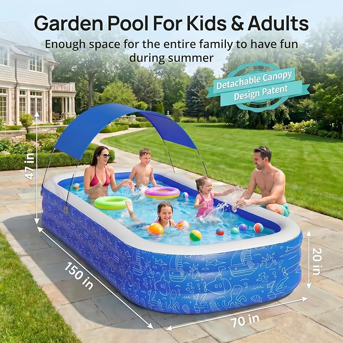 Large Inflatable Swimming Pool with Removable Canopy, 150" x 70" x 20" Full-Sized Kiddie Pool for Kids & Adults, Outdoor Blow-Up Pool with Sun Shade for Backyard & Garden, Durable & Safe, Age 3+