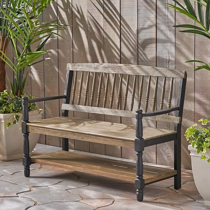 Great Deal Furniture Christopher Knight Home Daphne Outdoor Acacia Wood Bench with Shelf, Gray and Black Finish