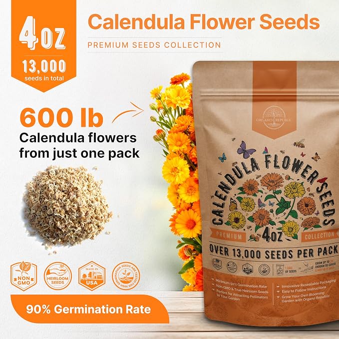 Calendula Seeds Pack 4 oz - Over 13,000 Non-GMO Heirloom Calendula Seeds for Planting Indoor & Outdoor Gardening, Flower Seed for Planting Home and Garden, Flowers Seed in Individual Packet