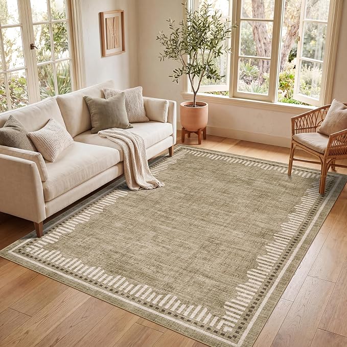 Garvee Living Room Washable Area Rugs 9x12 Taupe Neutral Scalloped Carpet | Large Modern Solid Color Low Pile Stain Resistant Dining Room Throw Carpet Geometic Non Slip Pet Friendly Bedroom Nursery Rug