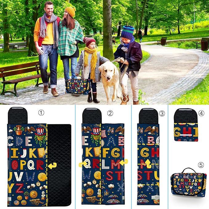 Poedist Extra Large Picnic Blanket Waterproof,80"x 80"Foldable Machine Washable Beach Blanket,Outdoor Blanket for 6-8 Adults,for Indoor Crawling,Park Beach,Camping,Hiking,Family Travel(Flag Letters)