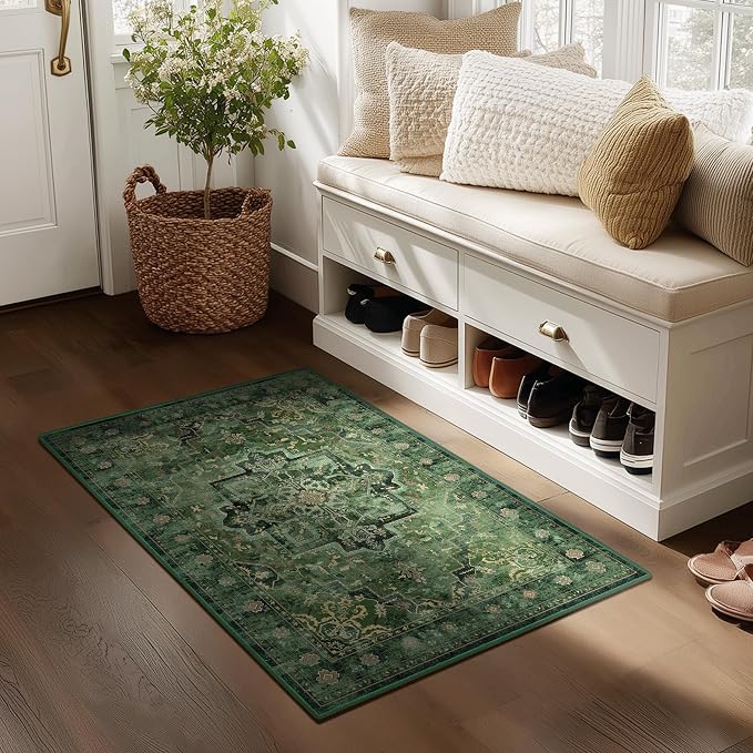 Tranditional Dark Green 2x3 Kitchen Rugs Washable Non Slip, Vintage Boho Distressed Medallion Door Mat Indoor Entrance Entryway, Small Low Pile Rugs for Bedroom/Bathroom Vanity/Laundry Room
