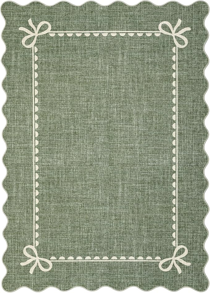 GarveeHome Scalloped Bow Rug 4x6 Washable Green Rug for Bedroom Living Room | Non Slip Soft Low Pile Indoor Carpet for Nursery Girls Bedroom Decor Hallway Kids Room College Dorm Playroom