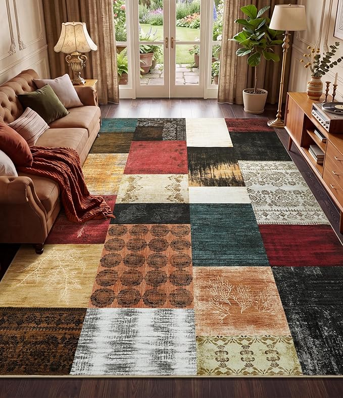 Mid Century Modern Vintage Cowboy Area Rug 8x10 for Living Room,Retro Patchwork Rug Non Slip,Red and Brown Floral Farmhouse Rugs Washable, Geometric Boho Rugs for Kitchen,Dining Room,Bedroom