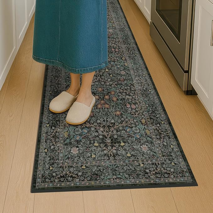 Vintage 3x8 Wide Runners for Hallways, Long 8ft Floor Runner for Kitchen, Entryway Indoor, Washable Non Skid Rubber Backing Stain Resistant - Dark Green Floral Décor