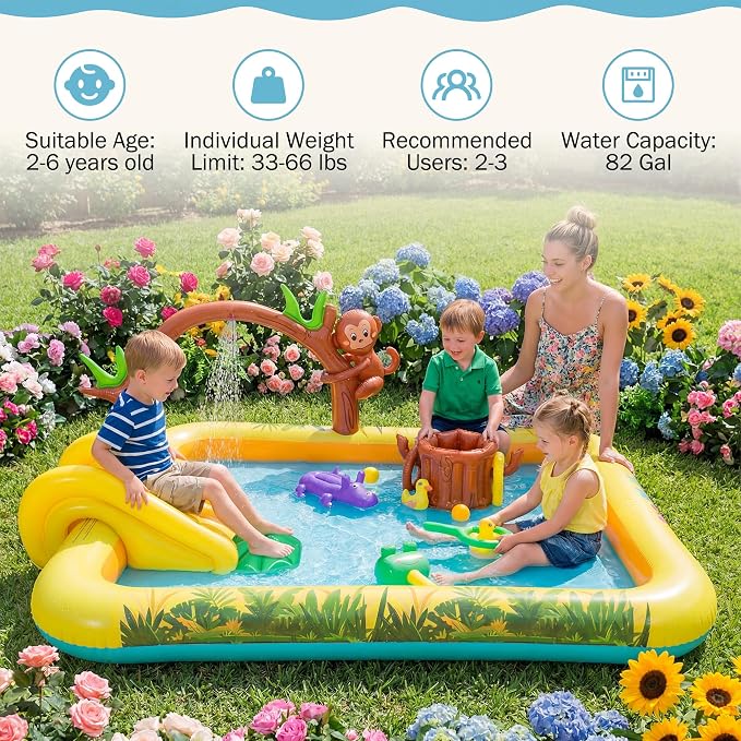 GLACER Kiddie Pool with Slide, Baby Pool with 11 Jungle Animal Toys | Inflatable Play Center with Arch Sprinkler, Repair Patches, PVC Outdoor Toddler Splash Pad for Backyard, Garden and Poolside