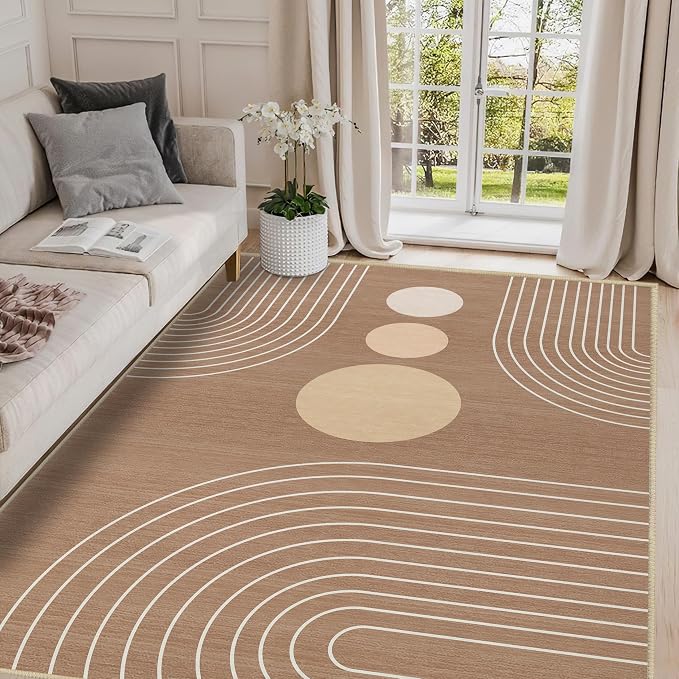 Boho Rug 4x6 Modern Geometric Minimalist Abstract Area Rug for Living Room Brown Mid Century Modern Contemporary Machine Washable Non-Slip Printed Low-Pile Carpet Dining Room Bedroom Office Brown