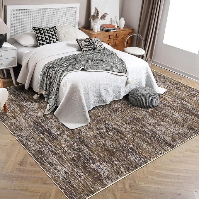 GarveeHome Bedroom Rugs 8x10 Washable Rug Modern Solid Color Area Rug, Non Slip Non Shedding Floor Covering Stain Resistant Low Pile Foldable Thin Mats for Living Room, Dining Room, Office, Brown