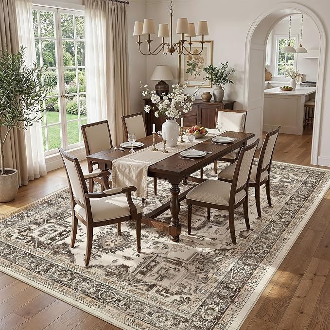 Vintage Washable 10x14 Area Rug for Living Room, Dark Brown | Soft Low Pile Rug with Non-Slip Backing, Stain Resistant for Bedroom or Dining Room, Kid & Pet Friendly