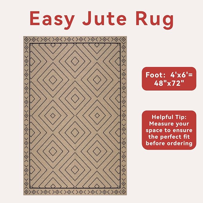 Tangsoo Modern Easy Jute 4x6 Outdoor Rug for Living Room,Ultra Thin Washable Area Rug,Geometric Indoor Carpet Farmhouse Non-Slip Throw Mat for Bedroom Dining Room Patio Front Porch