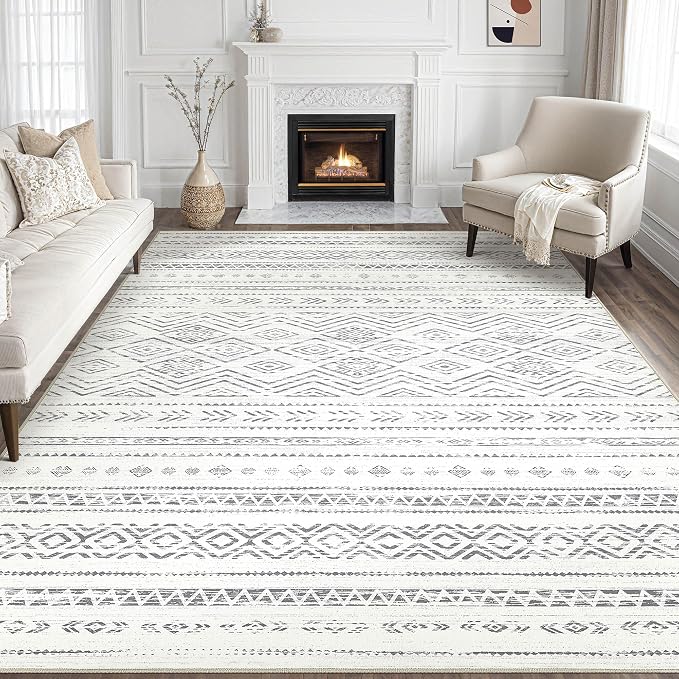 Tortania Area Rug Living Room Rugs- 8x12 Washable Large Soft Neutral Boho Moroccan Bohemian Farmhouse Rug Indoor Floor Carpet for Bedroom Under Dining Table Home Office Decor - Beige Gray