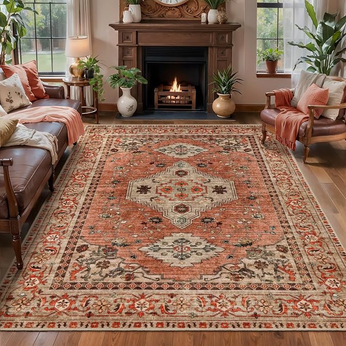 Tangsoo Boho 4x6 Area Rug for Living Room, Washable Non Slip Rug Terracotta | Oriental Machine Washable Large Rug Carpet, Vintage Soft Low Pile Foldable Rugs for Dining Room Bedroom Dorm Bedside Bathroom