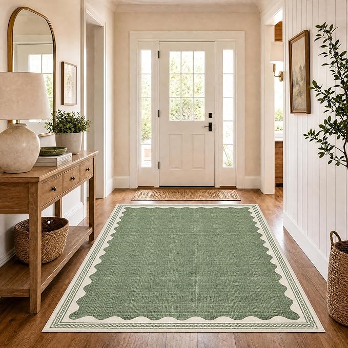 GarveeHome Scalloped 4x6 Rug Non-Slip Washable Low-Pile Carpet - Solid Sage Green Modern Rugs for Bedroom Living Room Nursery Kitchen Entryway Indoor Mat with Rubber Back