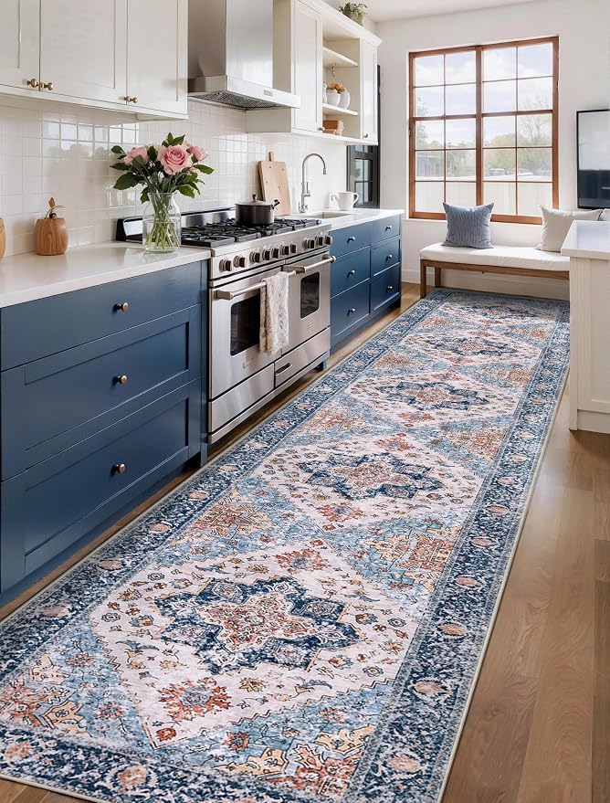 SERISSA 3x14 Washable Non Slip Boho Runner Rug for Hallway，Blue Orange | Ultra Soft Vintage Oriental Carpet Low-Pile Tribal Floor Carpet for Stair Kitchen Bedroom Bathroom Laundry Room