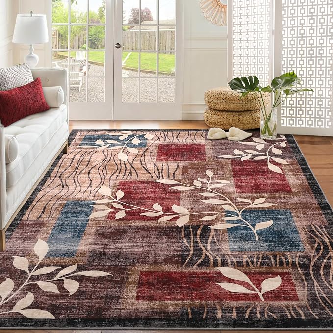 GarveeHome Area Rug 5x7 Washable Geometric Bedroom Rug, Floral Print Faux Wool Modern Checkered Rug Soft Stain Resistant Non-Slip Accent Carpet for Living Room Dining Room Office 5x7