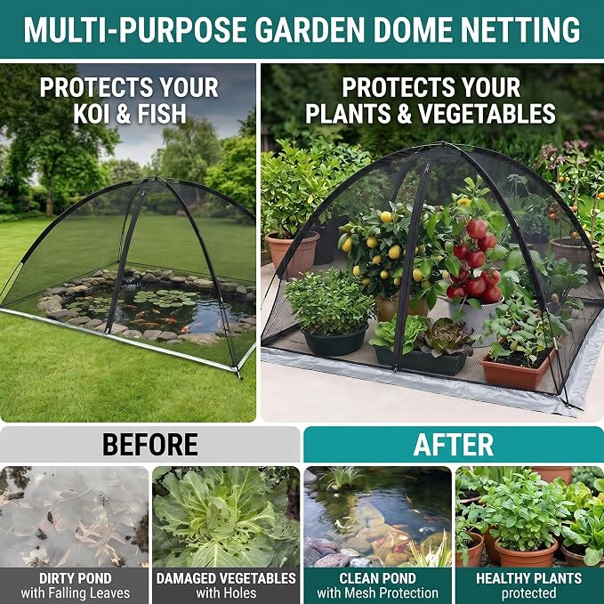 PGL Pond Cover Net Garden Dome Netting - Outdoor Protecting Tent for Fish Koi 9×12FT Zippers and Wind Ropes Protect Ponds, Gardens and Vegetable Gardens