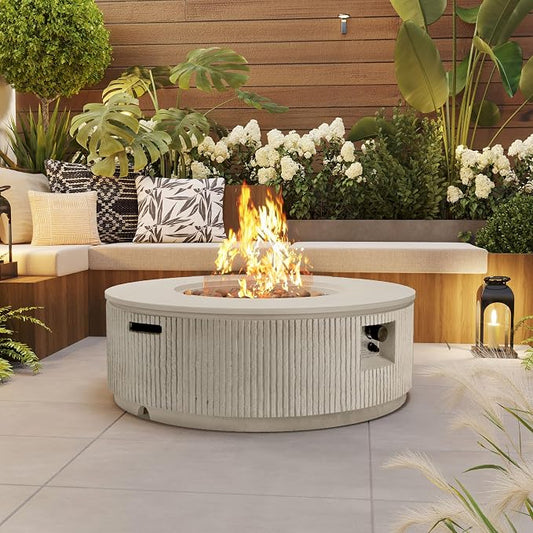 Merax 38.19'' MGO Propane Outdoor Fire Pit with Vertical Stripe Design, 50000 BTU Round Fire Pit Table with Steel Burner, Adjustable Flame Control, Lava Rocks & Rain Cover for Patio&Backyard, Beige