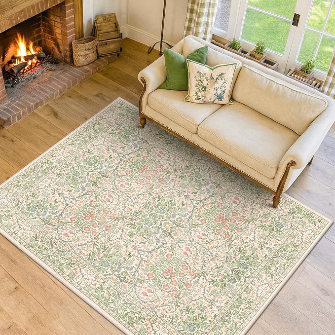 Beige Green Bedroom Rug 5x7 Area Rug for Living Room, Vintage Washable Floral Rugs for Nursery, Dining Room, Light Green Non Slip Stain Resistance Distressed Retro Low Pile Floor Mat Indoor