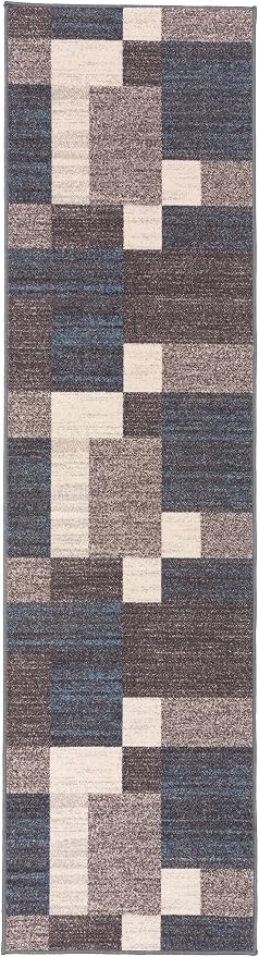Rugshop Modern Boxes Non-Slip Living Room Kitchen Runner Rug Blue 2' x 10' | Runner, Size 2' x 10', Bedroom, Dining Room, Home Office, Entryway, Hallway, Nursery, Kids Room, Guest Room