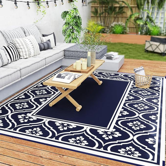 Outsunny Outdoor Rug for Patio, 8' x 10' Waterproof Large Mat, Reversible Plastic Straw Rug for Decor, Portable Outside RV Camping Area Carpet Mat for Backyard Porch Deck Picnic, Blue & White Gourd
