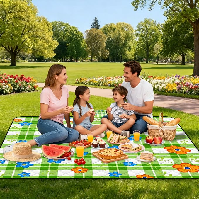 Extra Large Picnic Blanket Waterproof,80"x 80"Foldable Machine Washable Beach Blanket,Outdoor Blanket for 6-8 Adults,Suitable for Indoor Crawling,Park Beach,Camping,Hiking,Family Travel(Green)