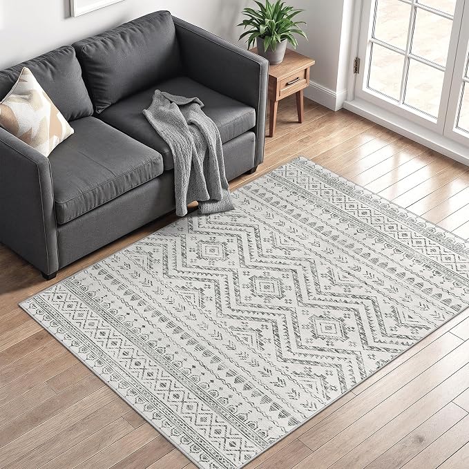 Miukiki 4x6 Washable Area Rug Non Slip Rug for Living Room Grey | Moroccan Soft Low Pile Indoor Area Rug for Living Room Bedroom Dining Room Stain Resistant Carpet with Easy Care 4'x6'